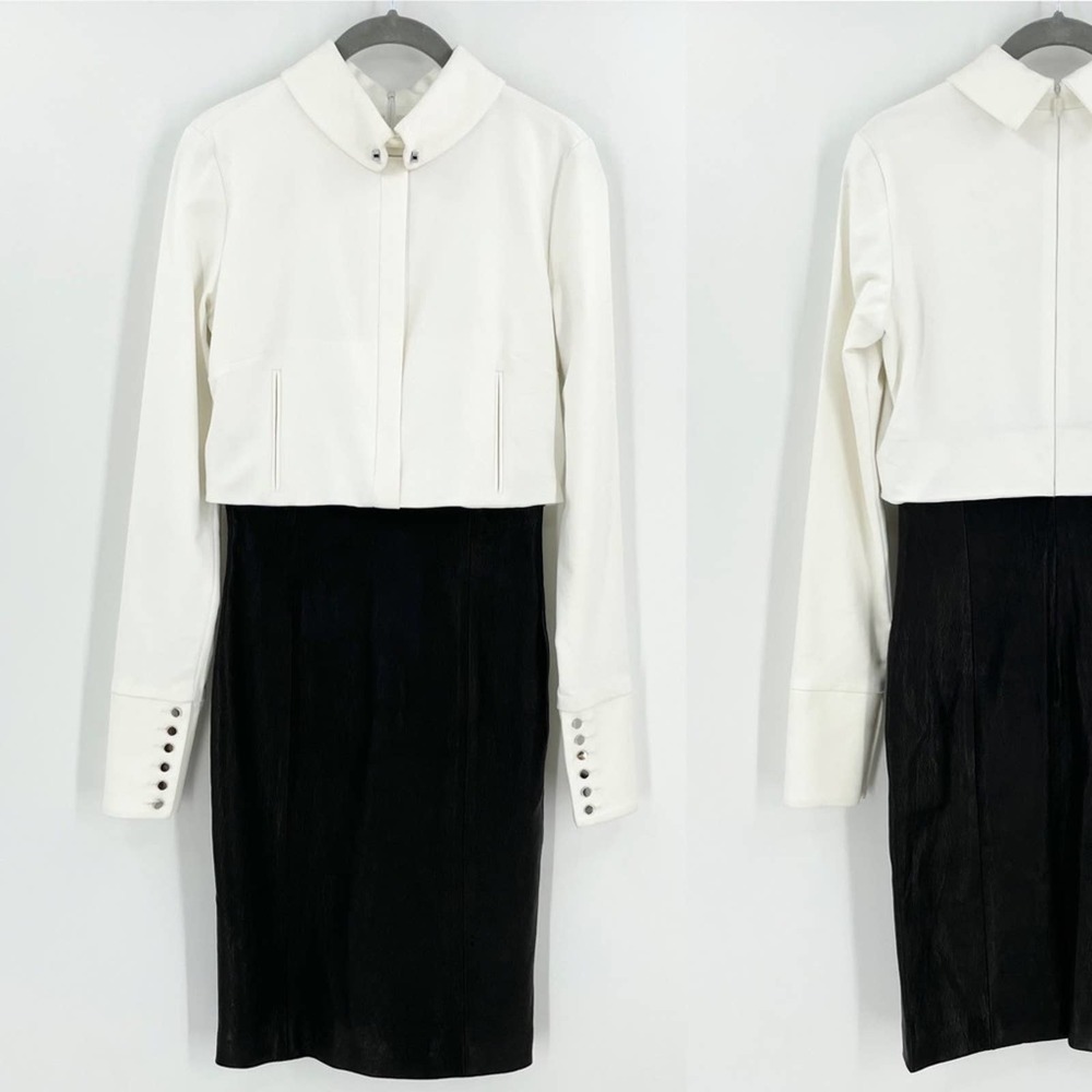 SALLY LAPOINTE Mixed Media Dress White Structure Top Faux Leather Skirt Size 4
